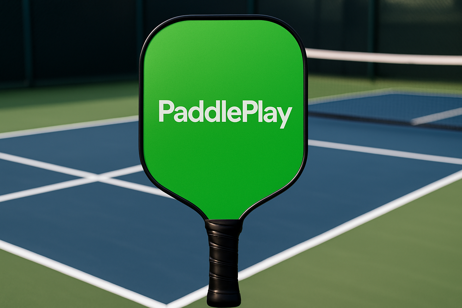 green pickleball paddle that has a logo that says paddle play on it. with a pickleball court in the backround